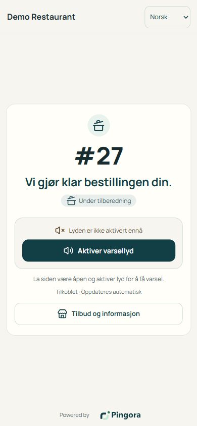 Pingora gjesteside med ordrestatus og aktivering av lyd