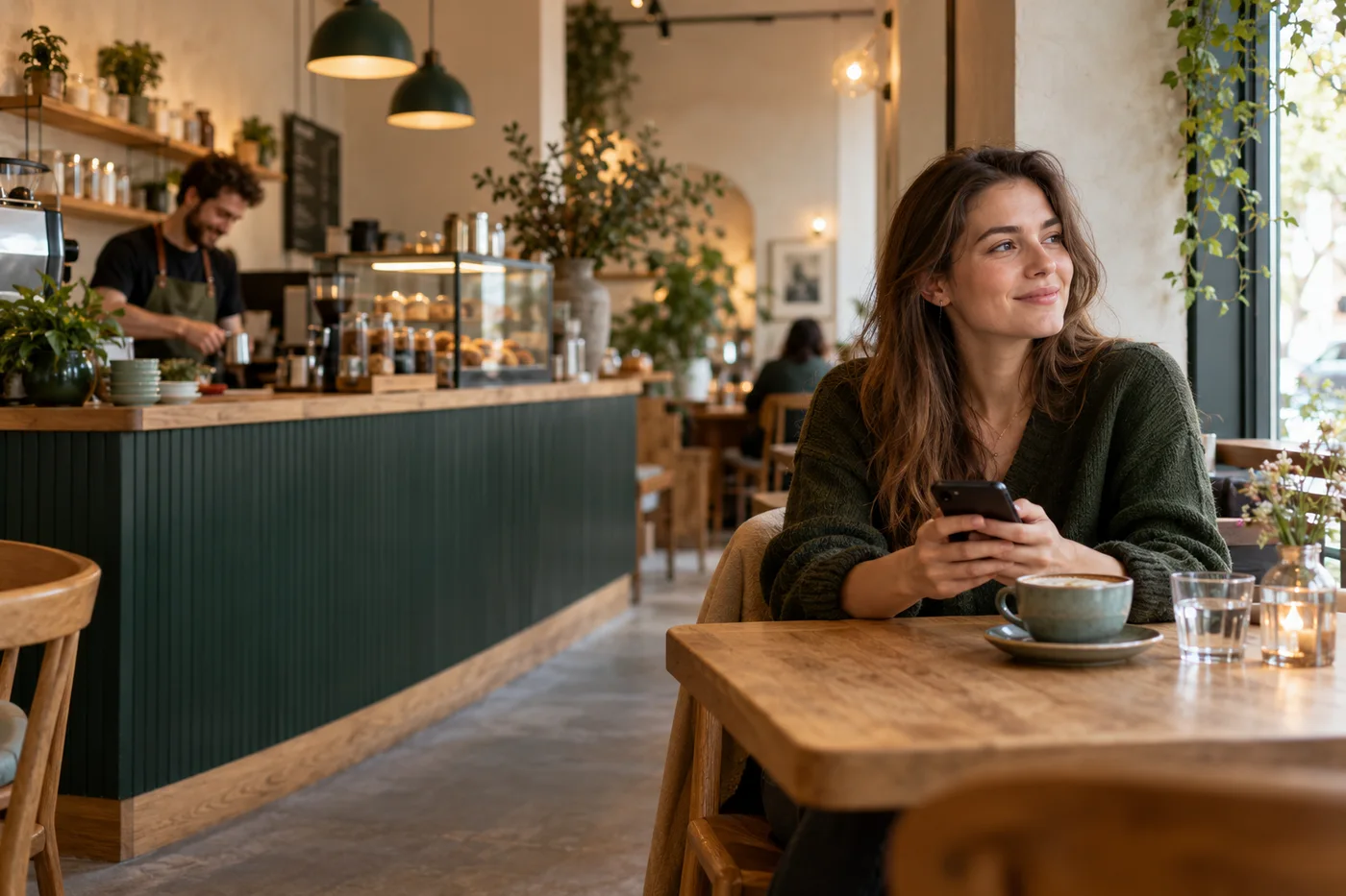 A customer enjoying a coffee while cafe staff prepare an order